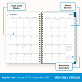 2027 monthly spread featuring ample lined writing space for each date, notes section, reference calendars, and monthly tabs