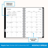 monthly layout featuring lined writing space, reference calendars, lined writing space and monthly tabs on this pocket sized planner