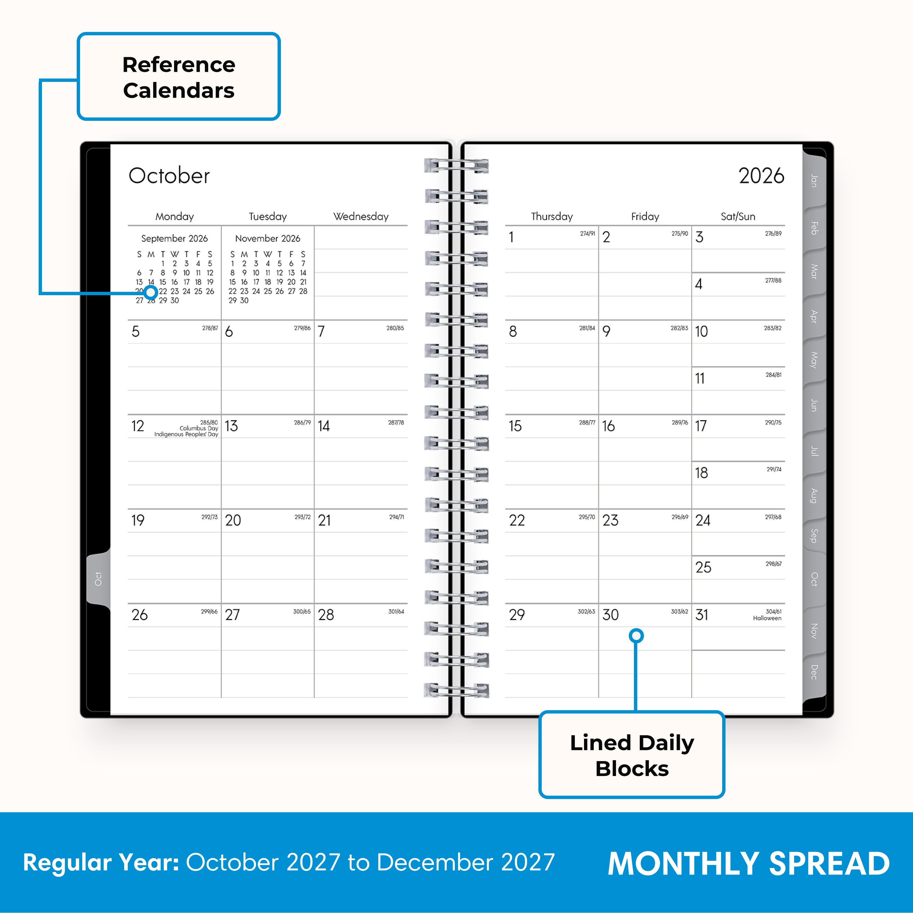 monthly layout featuring lined writing space, reference calendars, lined writing space and monthly tabs on this pocket sized planner