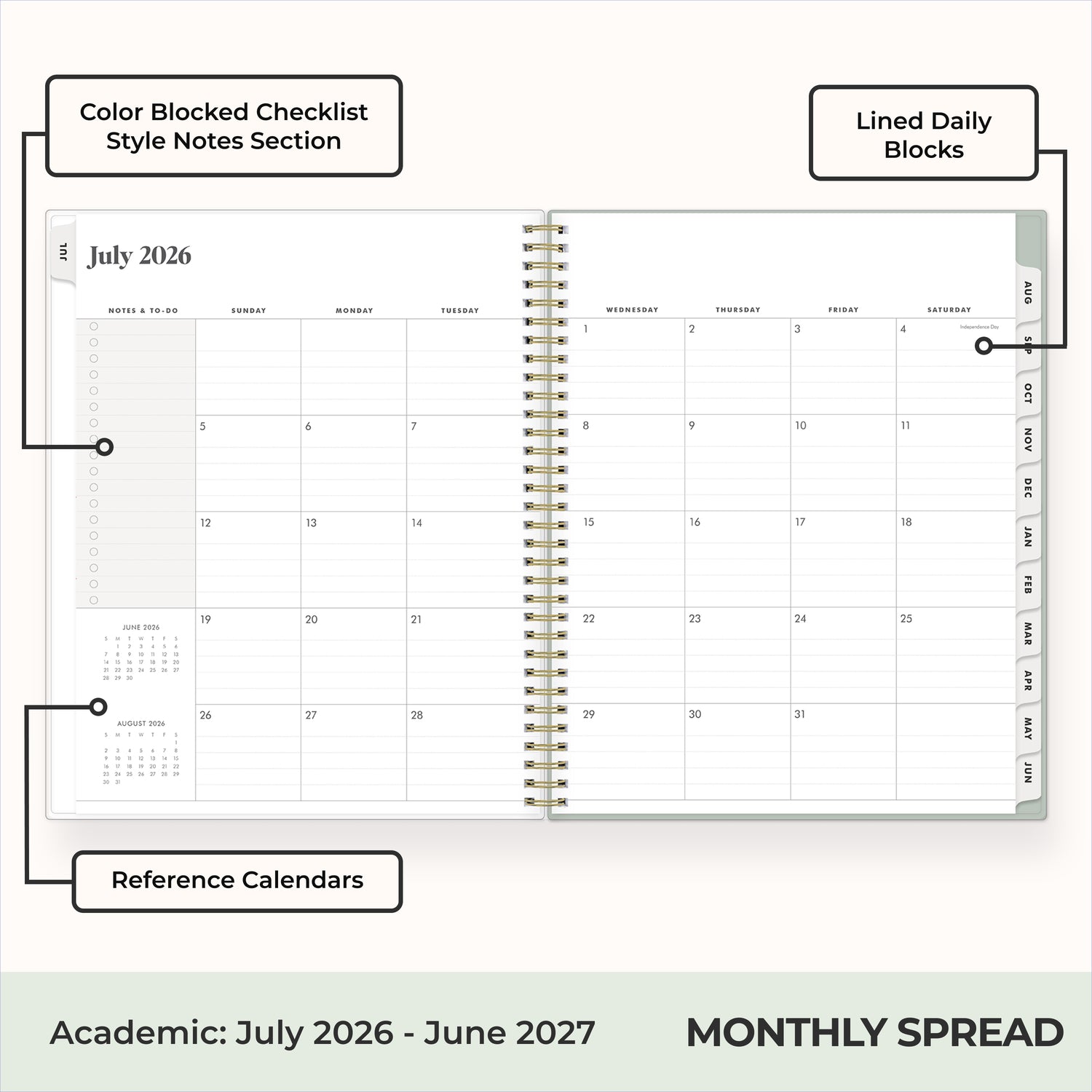 this july 2026 - june 2027 planner features a monthly spread with ample writing space for each day, monthly reference calendar, sections for note taking, bullet points, and check lists.
