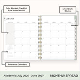 this july 2026 - june 2027 planner features a monthly spread with ample writing space for each day, monthly reference calendar, sections for note taking, bullet points, and check lists.
