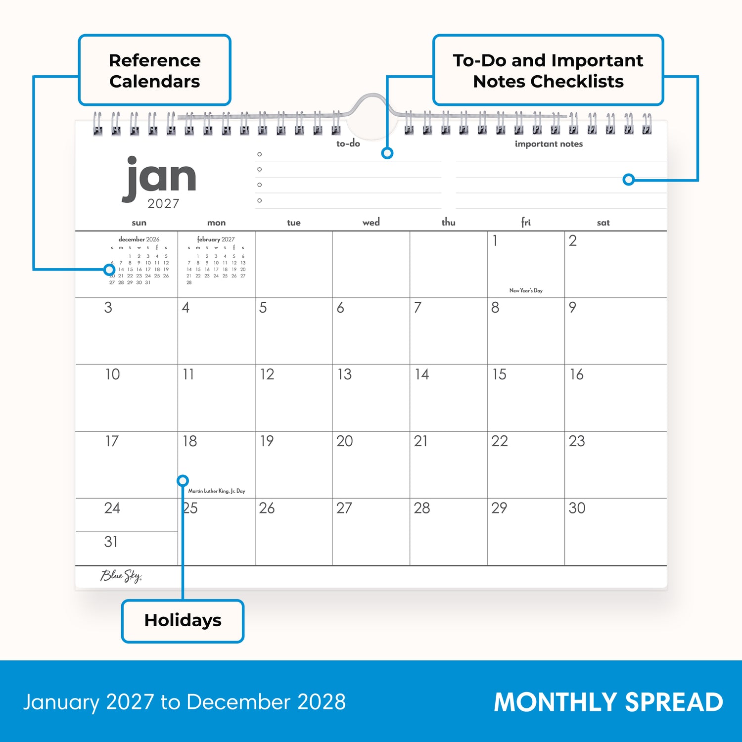 january 2027-December 2027 wall calendar in 11x8.75 size blank writing space and reference calendars