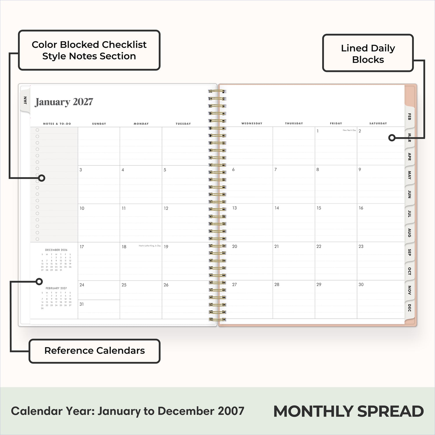 2027 monthly spread featuring ample lined writing space for each date, notes section, reference calendars, and monthly tabs