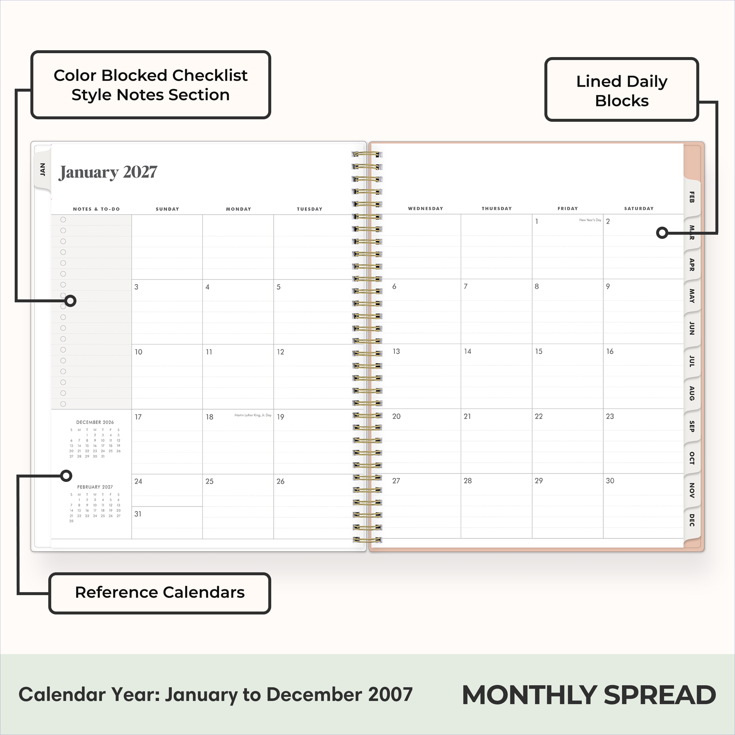 2027 monthly spread featuring ample lined writing space for each date, notes section, reference calendars, and monthly tabs