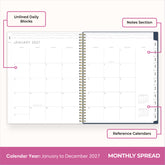 2027 monthly spread featuring ample lined writing space for each date, notes section, reference calendars, and monthly tabs
