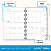 2027 monthly spread featuring ample lined writing space for each date, notes section, reference calendars, and monthly tabs