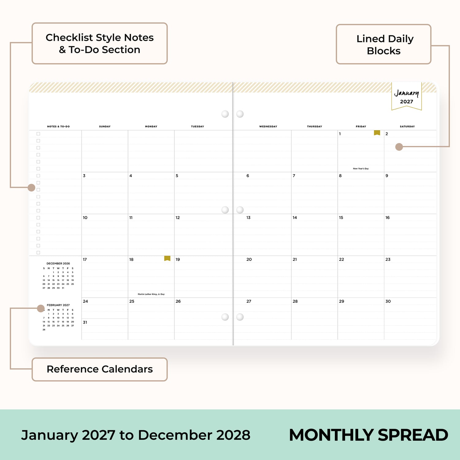 2027 monthly spread featuring ample lined writing space for each date, notes section, reference calendars, and monthly tabs