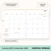2027 monthly spread featuring ample lined writing space for each date, notes section, reference calendars, and monthly tabs