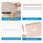 optimal size planning pad featuring tear away sheets, weekly view, and goals notes and habit tracker section
