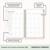 2027 monthly spread featuring ample lined writing space for each date, notes section, reference calendars, and monthly tabs