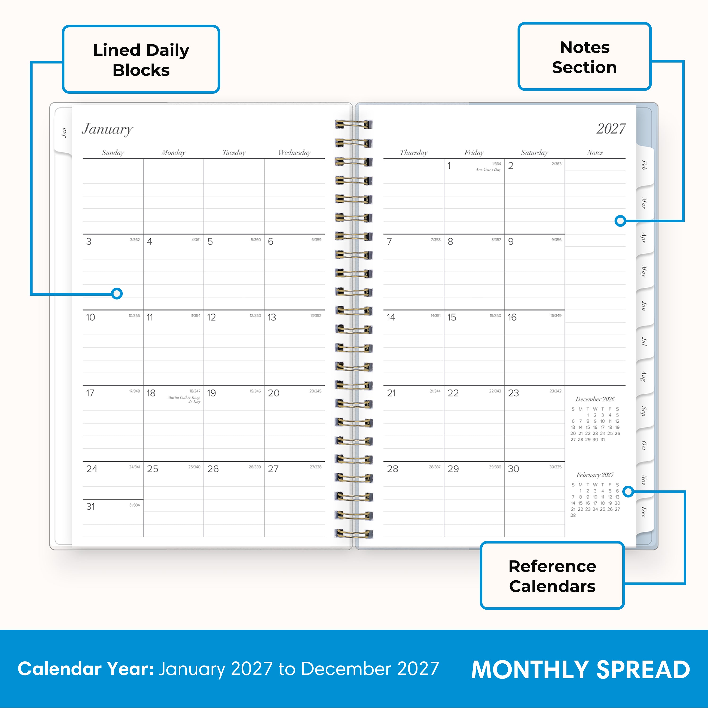 2027 monthly spread featuring ample lined writing space for each date, notes section, reference calendars, and monthly tabs
