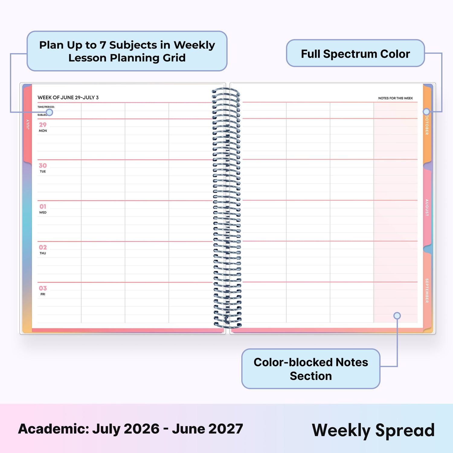2026-2027 teacher weekly spread featuring ample writing space and sections for each subject or class
