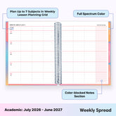 2026-2027 teacher weekly spread featuring ample writing space and sections for each subject or class

