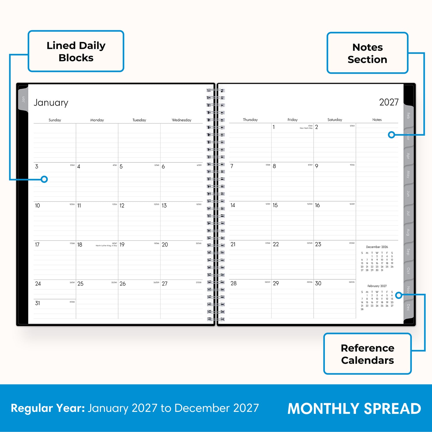2027 monthly layout featuring lined writing space and organized sections for planning 8.5x11, notes section, and reference calendars