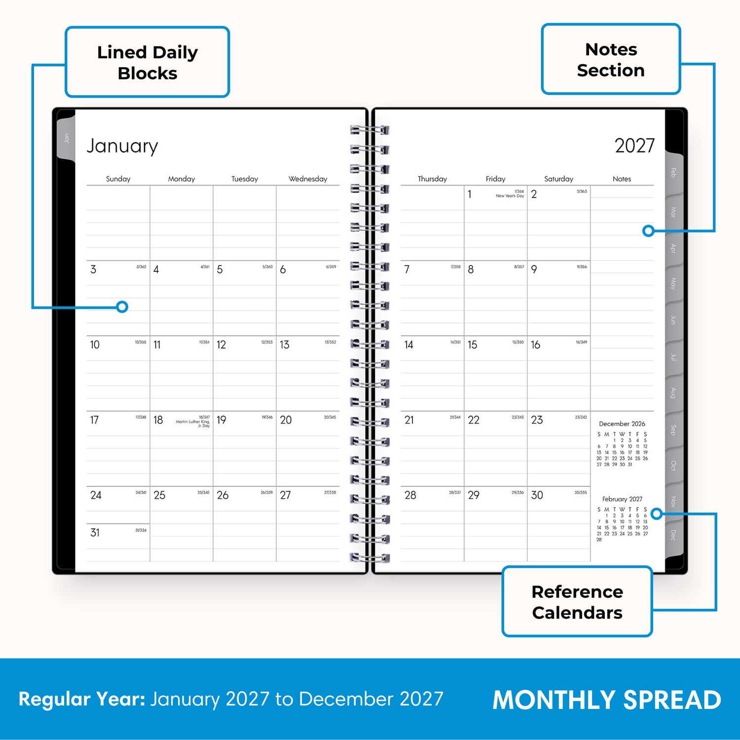 monthly spread for 2027 featuring lined writing space, lined notes section, and reference calendars