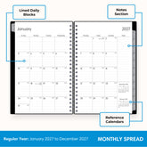 monthly spread for 2027 featuring lined writing space, lined notes section, and reference calendars