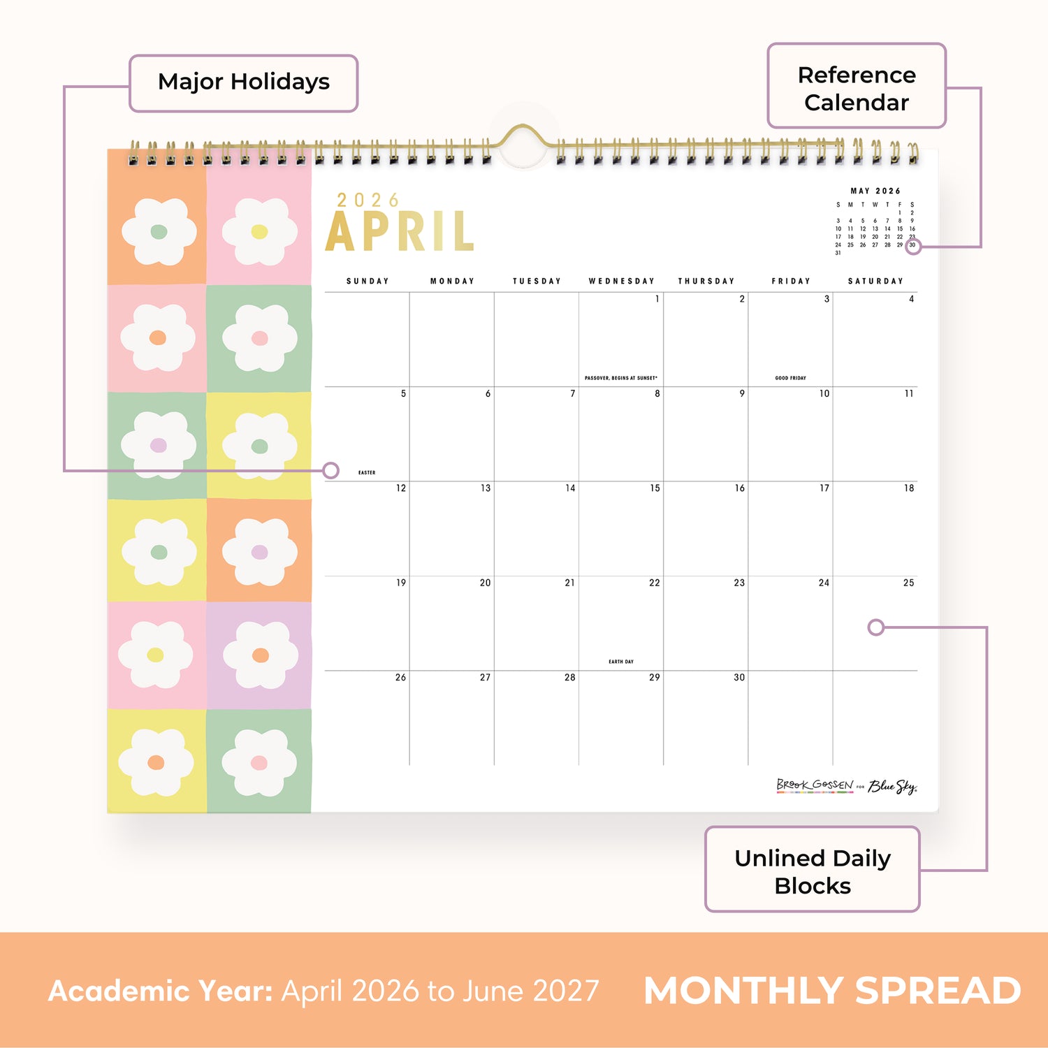 April 2026 calendar with floral design on a white background and checkered daisies blank boxed writing space for each day, reference calendars