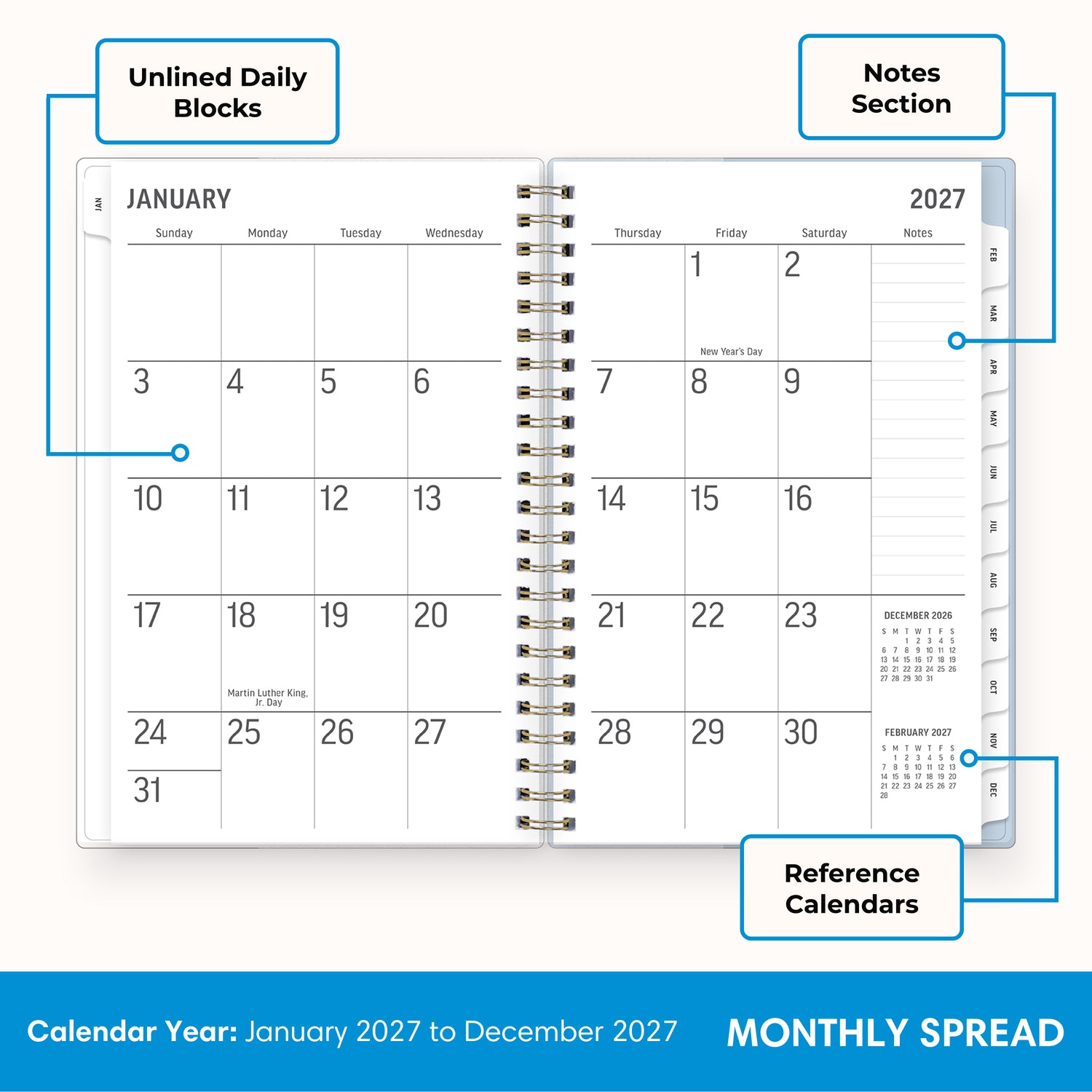 2027 monthly spread featuring ample lined writing space for each date, notes section, reference calendars, and monthly tabs