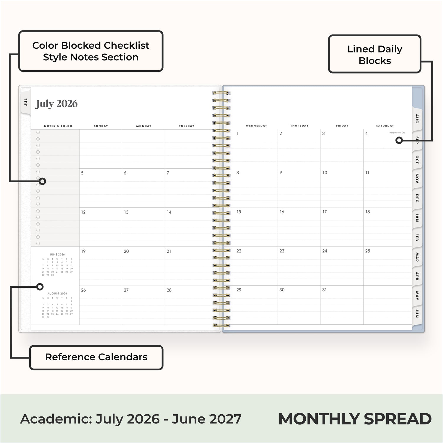 this july 2026 - june 2027 planner features a monthly spread with ample writing space for each day, monthly reference calendar, sections for note taking, bullet points, and check lists.
