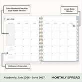 this july 2026 - june 2027 planner features a monthly spread with ample writing space for each day, monthly reference calendar, sections for note taking, bullet points, and check lists.
