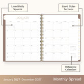 2027 monthly spread featuring ample lined writing space for each date, notes section, reference calendars, and monthly tabs