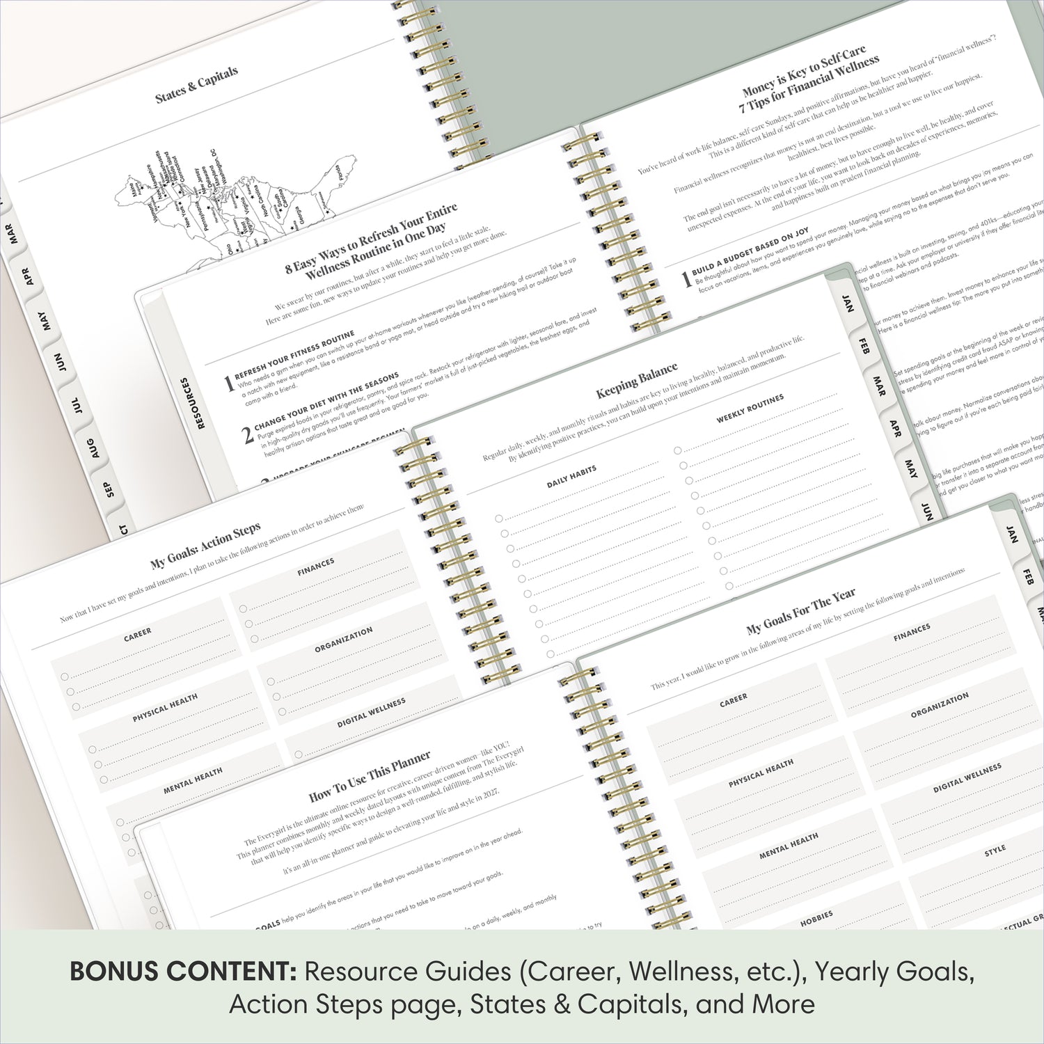 planner featuring bonus content like yearly overview, important dates, holidays, states and capitals