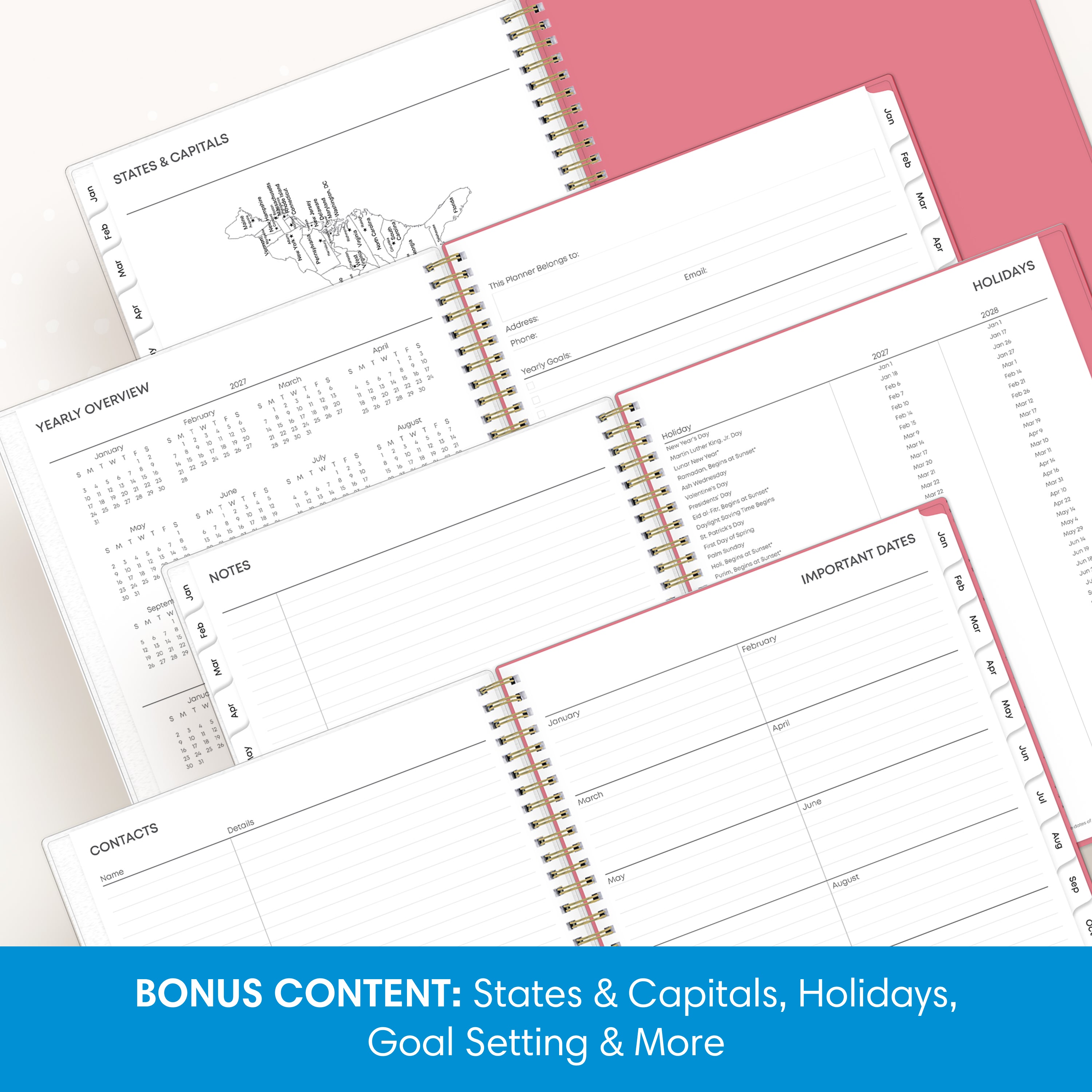 planner featuring bonus content like yearly overview, important dates, holidays, states and capitals