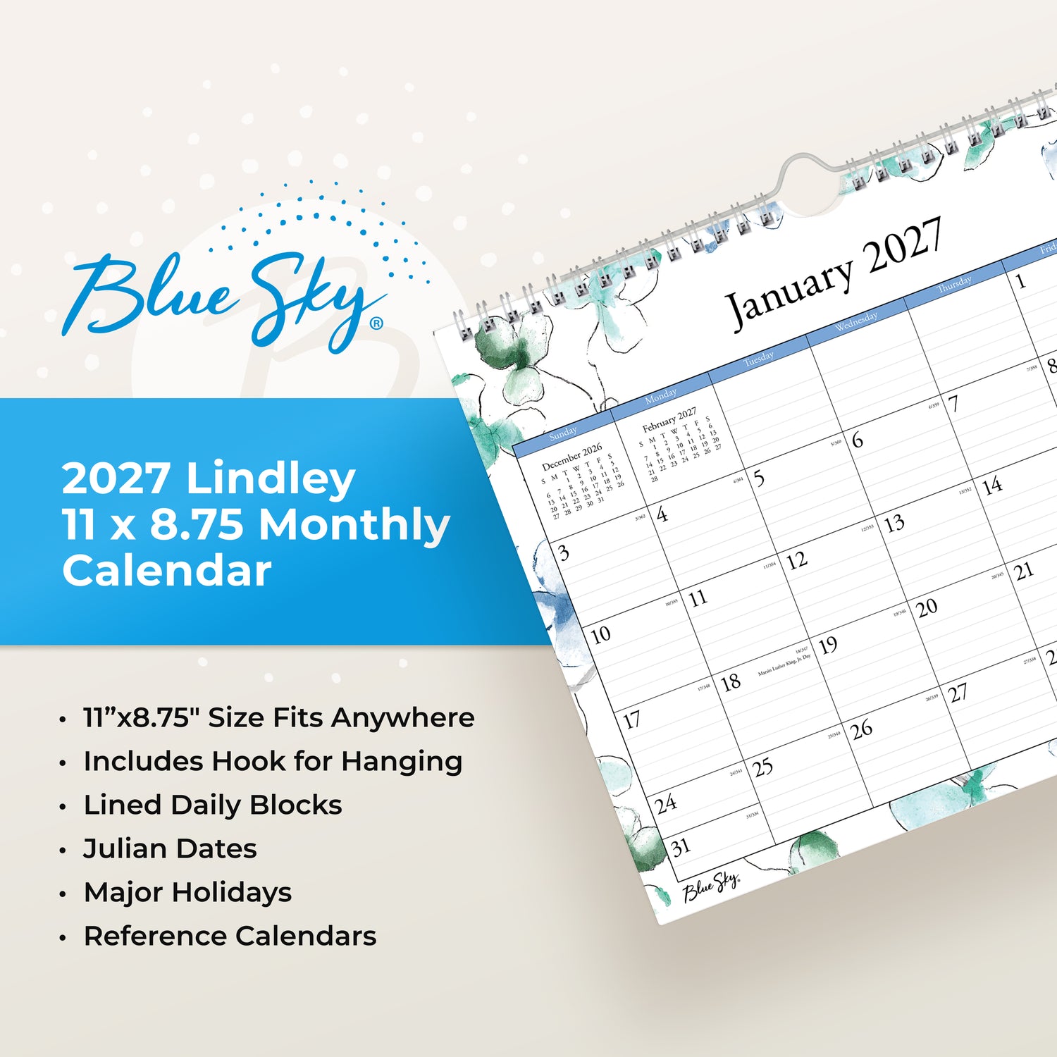 january 2027 to december 2027 wall calendar in 11x8.75 size with lined writing space and reference calendars silver hook and binding