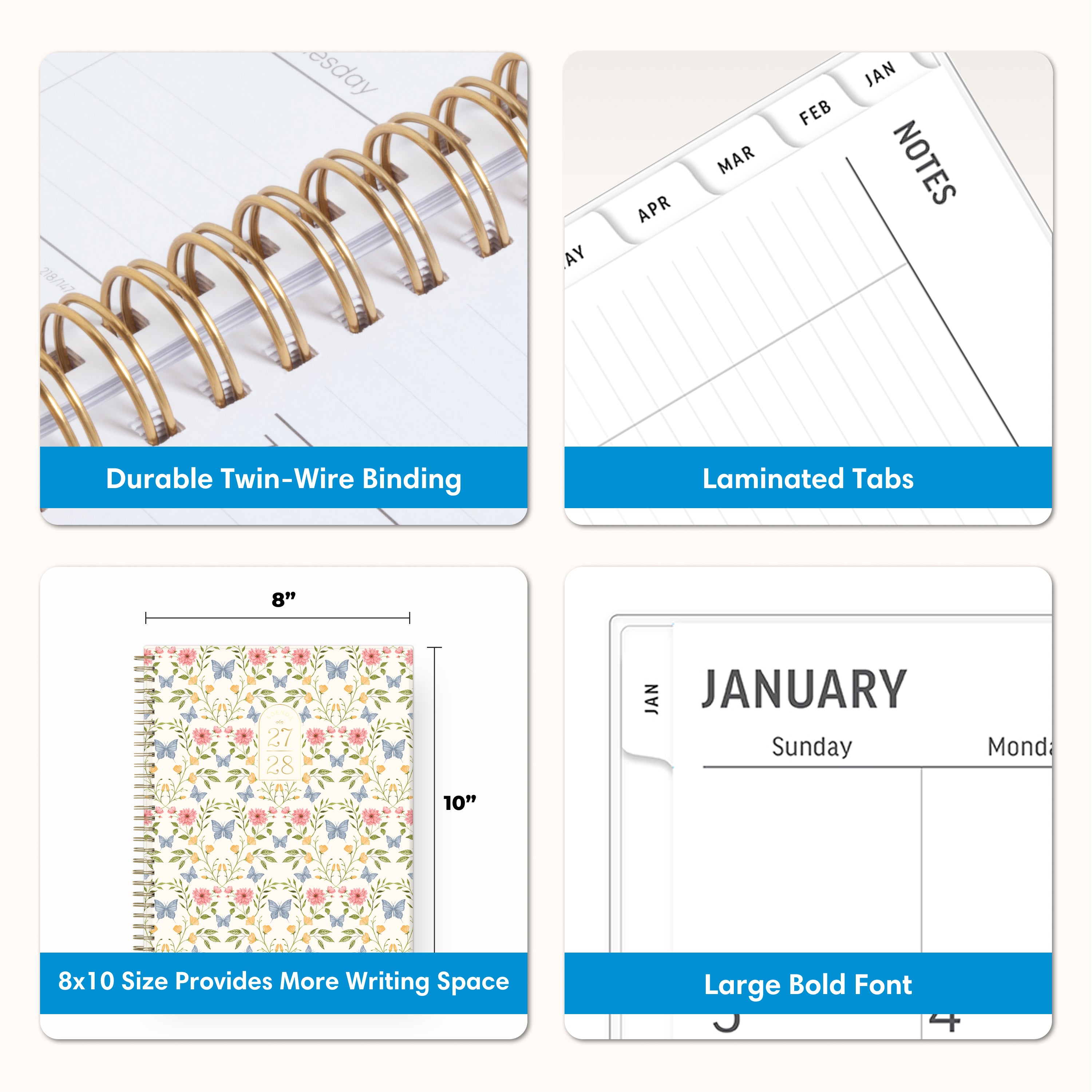 planner features twin wire o binding, monthly tabs, and optimizing planning size
