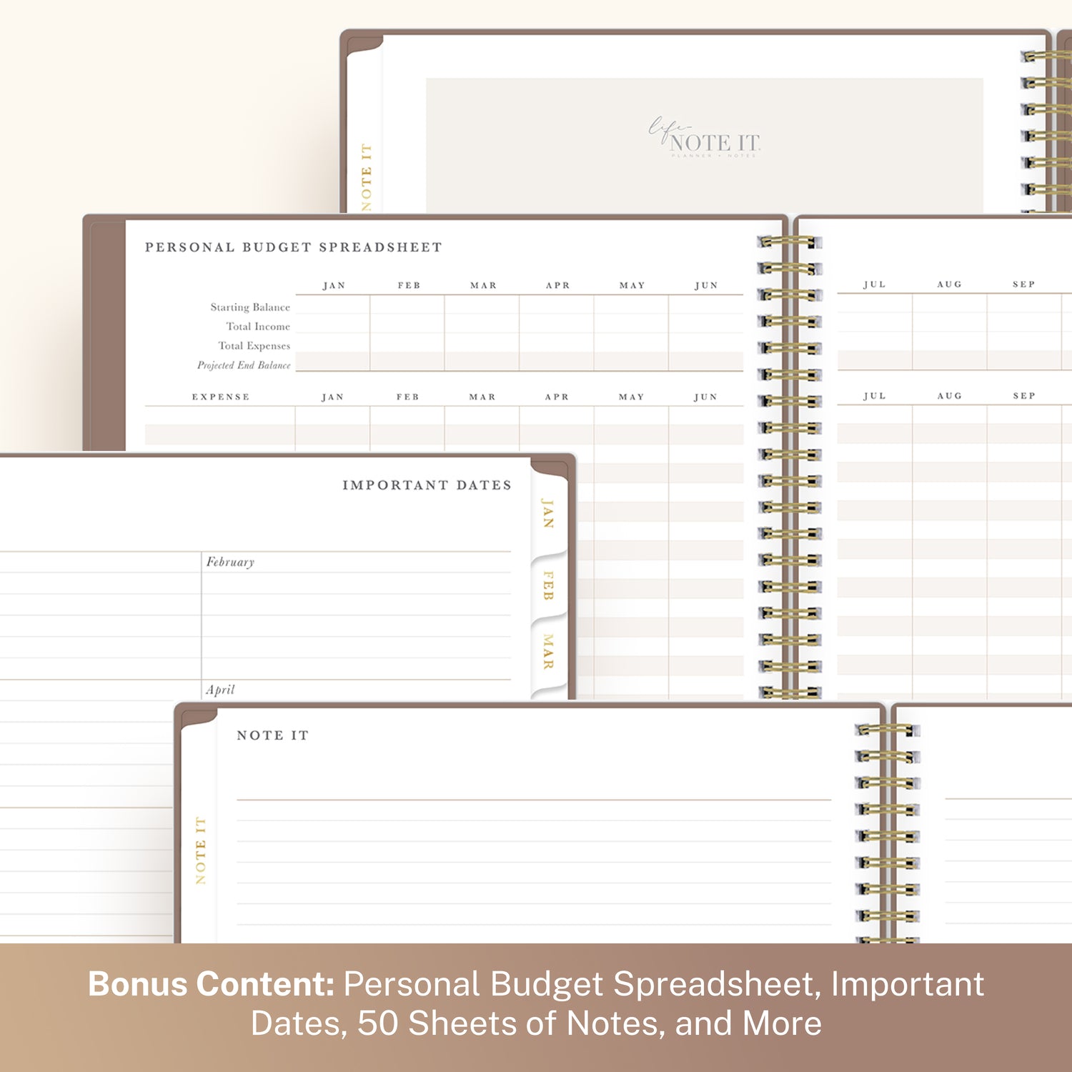 Open spiral-bound planner with budget spreadsheet and date pages on a white background
