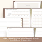 Open spiral-bound planner with budget spreadsheet and date pages on a white background