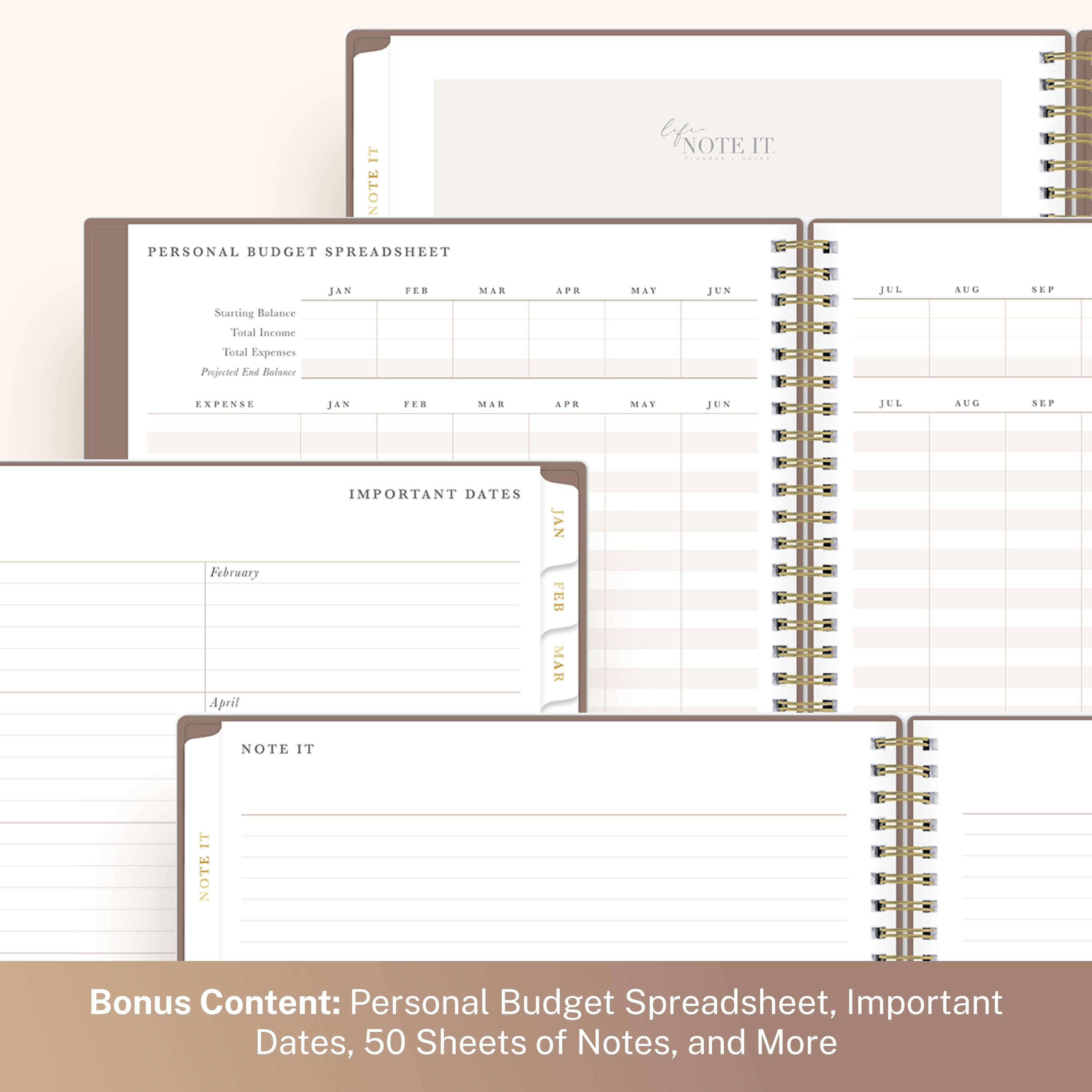 Open spiral-bound planner with budget spreadsheet and date pages on a white background