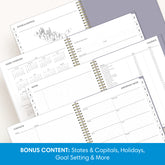 planner featuring bonus content like yearly overview, important dates, holidays, states and capitals