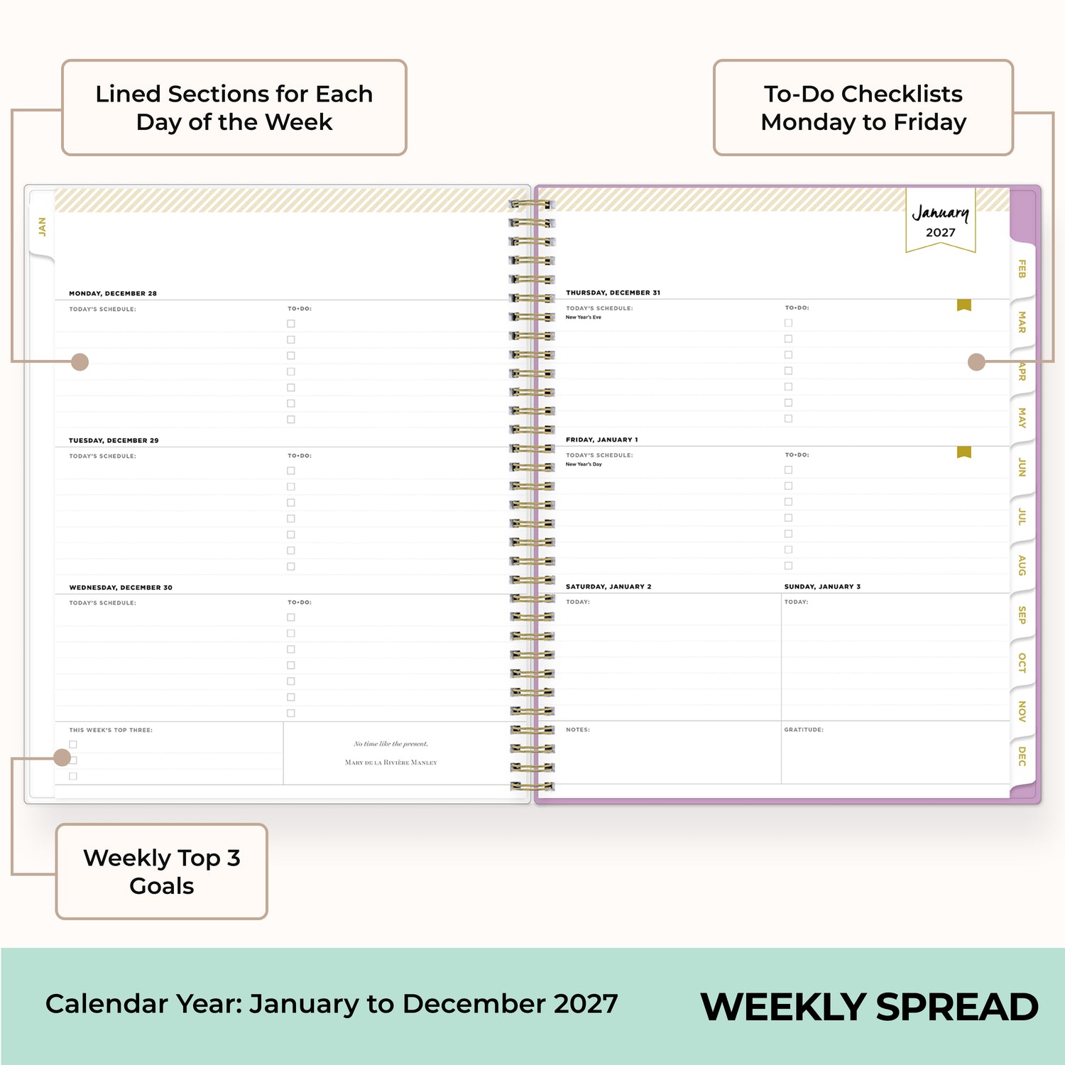 2027 weekly spread features ample lined writing space for to do lists, notes section, reference calendars, bullet points, and monthly tabs