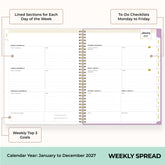 2027 weekly spread features ample lined writing space for to do lists, notes section, reference calendars, bullet points, and monthly tabs