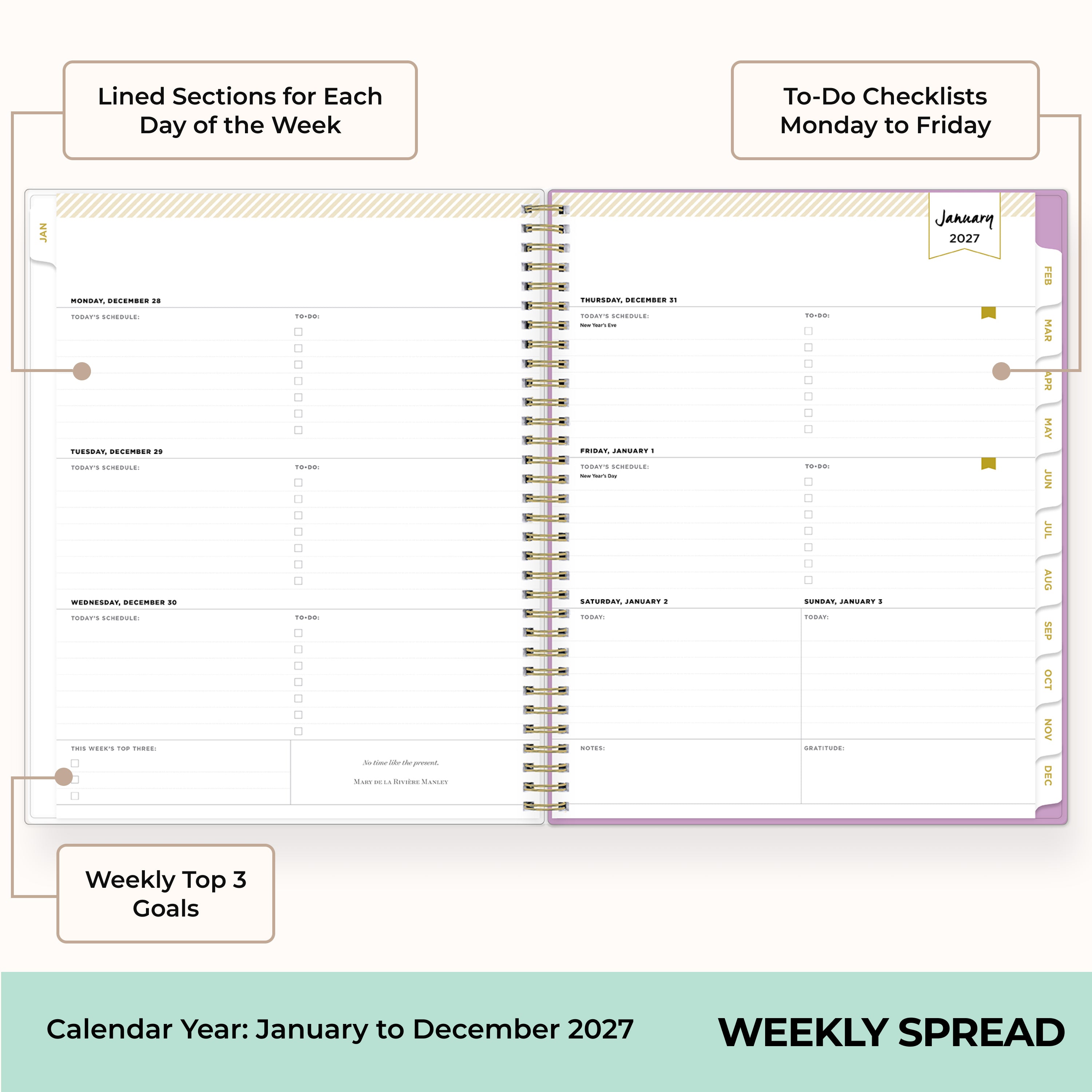 2027 weekly spread features ample lined writing space for to do lists, notes section, reference calendars, bullet points, and monthly tabs