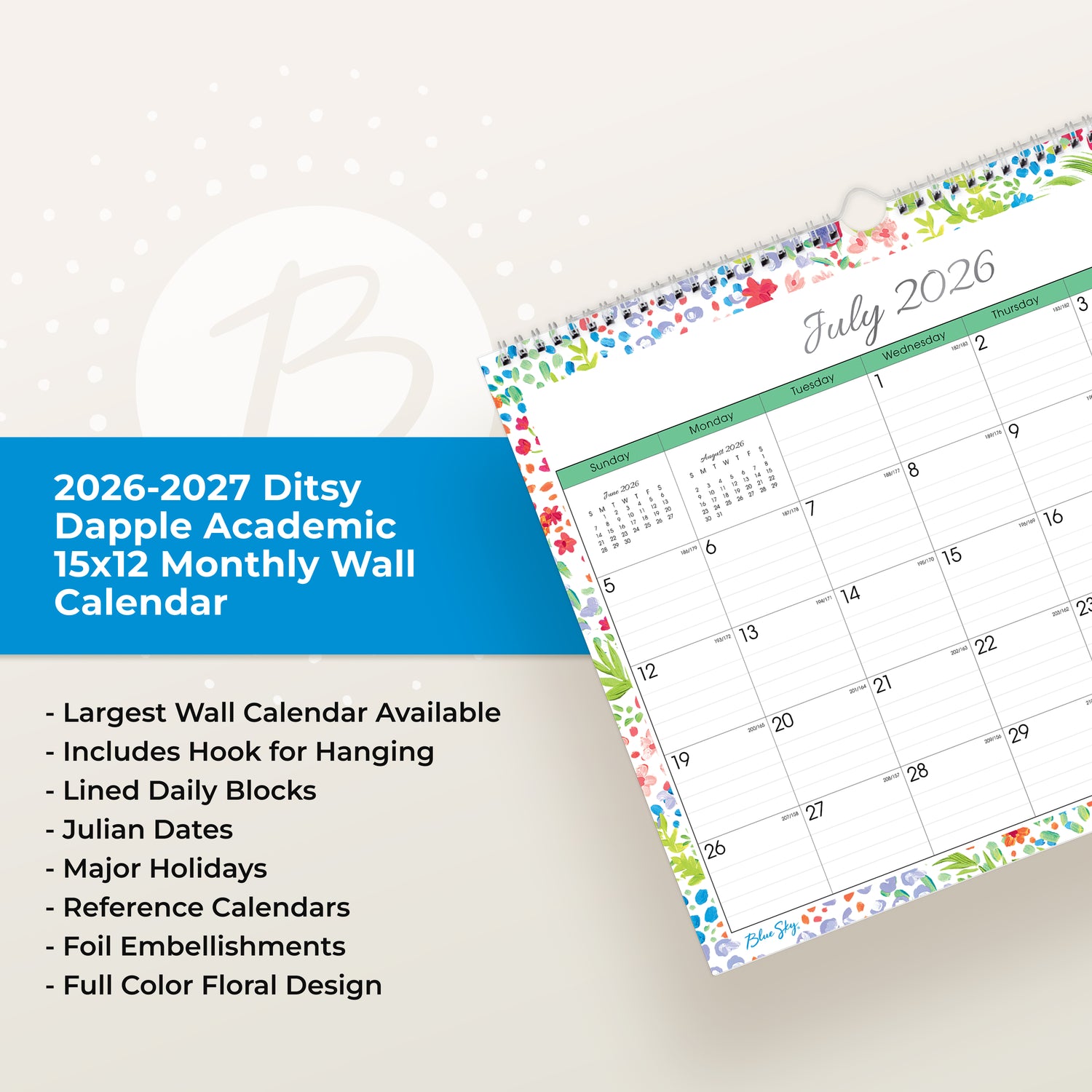 15x12 wall calendar for july 2026 - june 2027 featuring lined writing space and a floral border