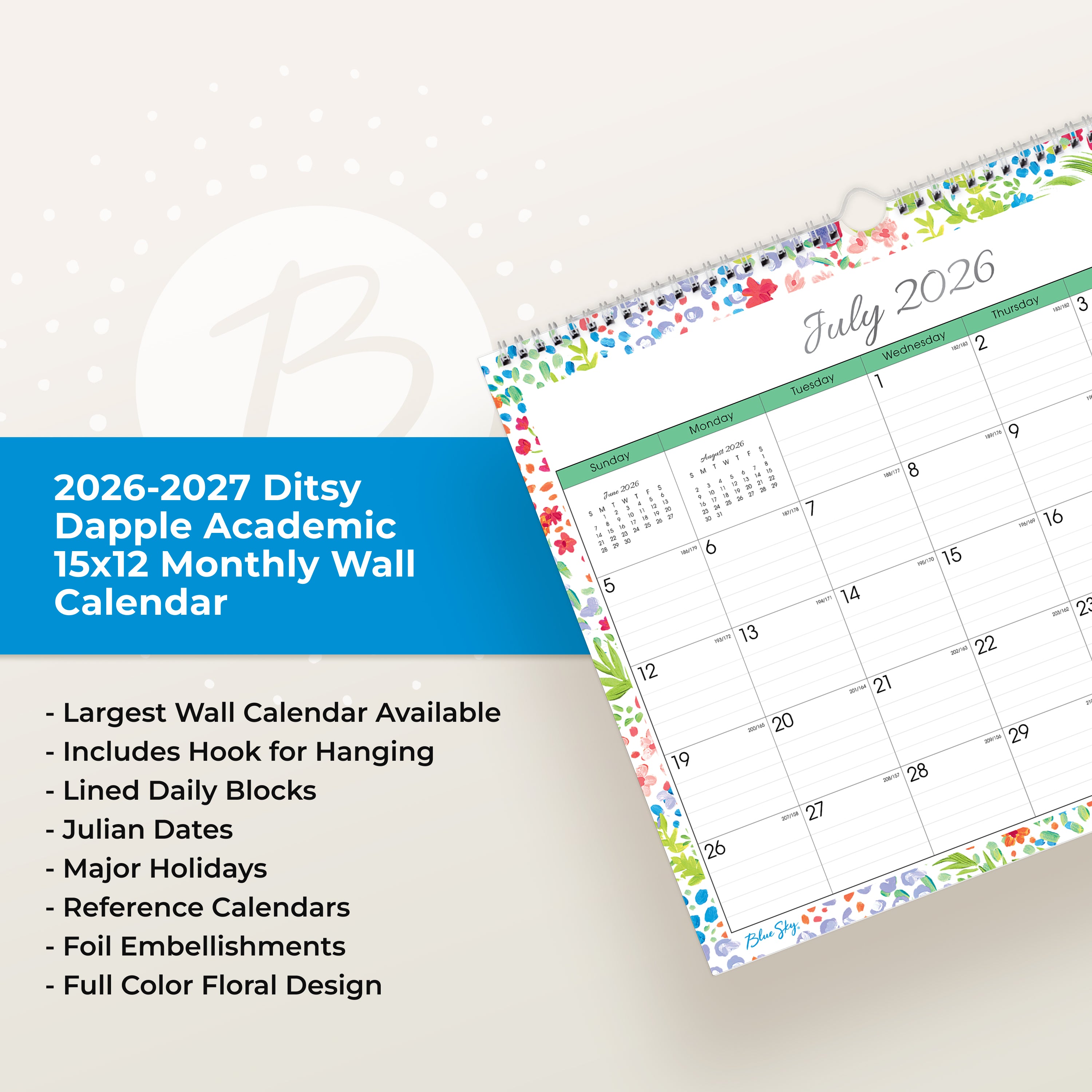 15x12 wall calendar for july 2026 - june 2027 featuring lined writing space and a floral border