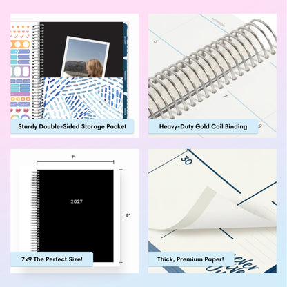 planner featuring bonus content like yearly overview, important dates, holidays, states and capitals, sticker sheets, thick paper and nice coil