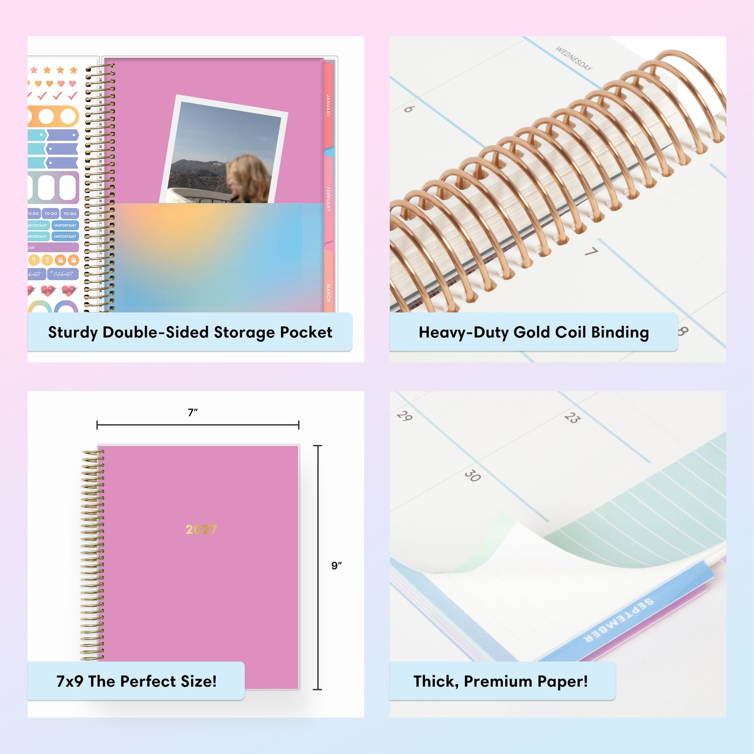 planner featuring bonus content like yearly overview, important dates, holidays, states and capitals, sticker sheets, thick paper and nice coil