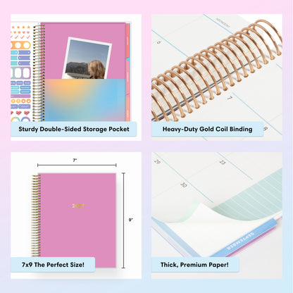 planner featuring bonus content like yearly overview, important dates, holidays, states and capitals, sticker sheets, thick paper and nice coil