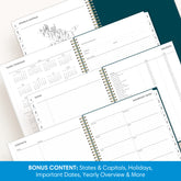 multiple page features like yearly overview, capitals, contacts, notes pages, and important dates.