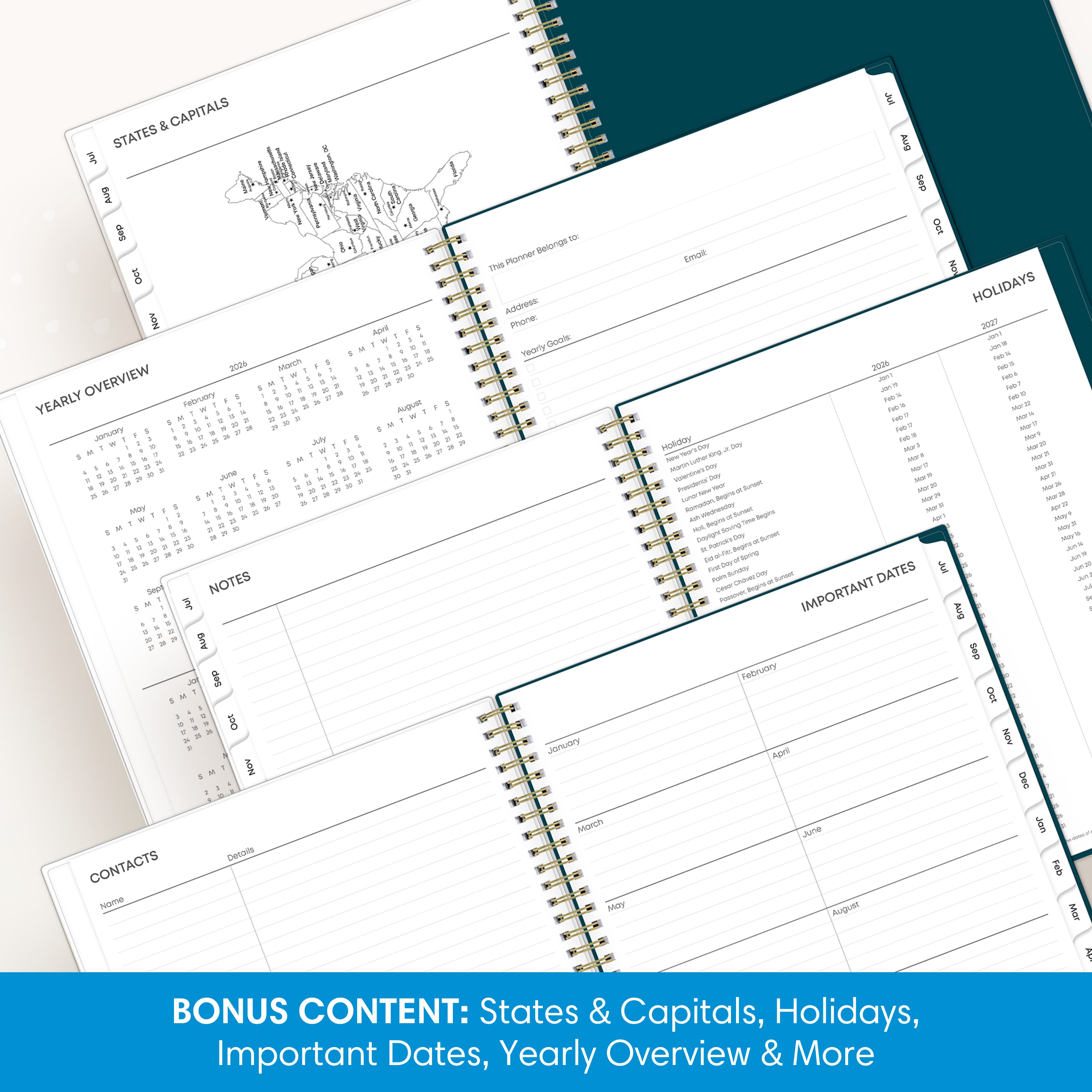 multiple page features like yearly overview, capitals, contacts, notes pages, and important dates.