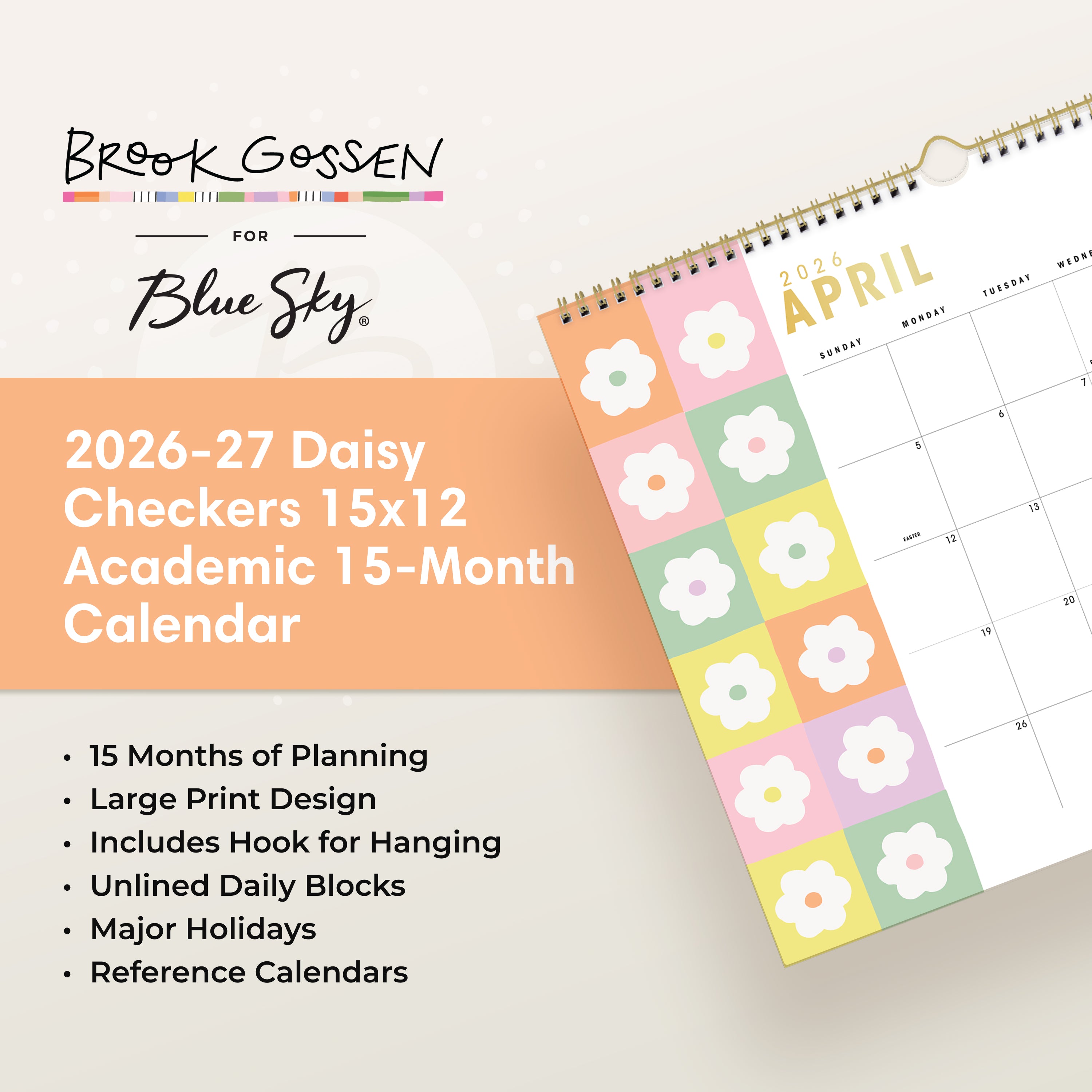 April 2026 calendar with floral design on a white background and checkered daisies blank boxed writing space for each day