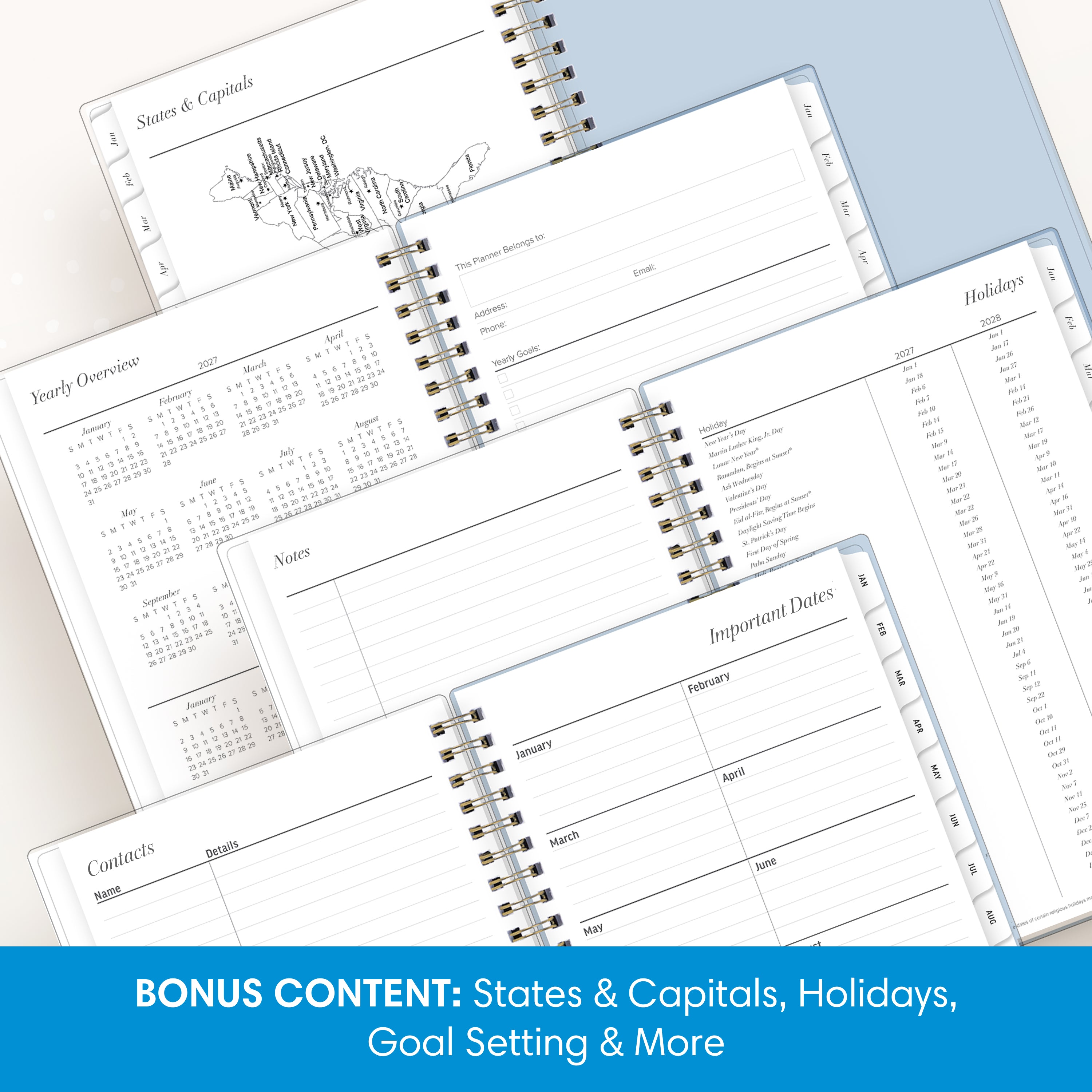 planner featuring bonus content like yearly overview, important dates, holidays, states and capitals