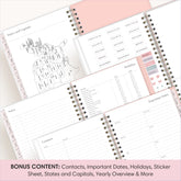 planner featuring bonus content like yearly overview, important dates, holidays, states and capitals
