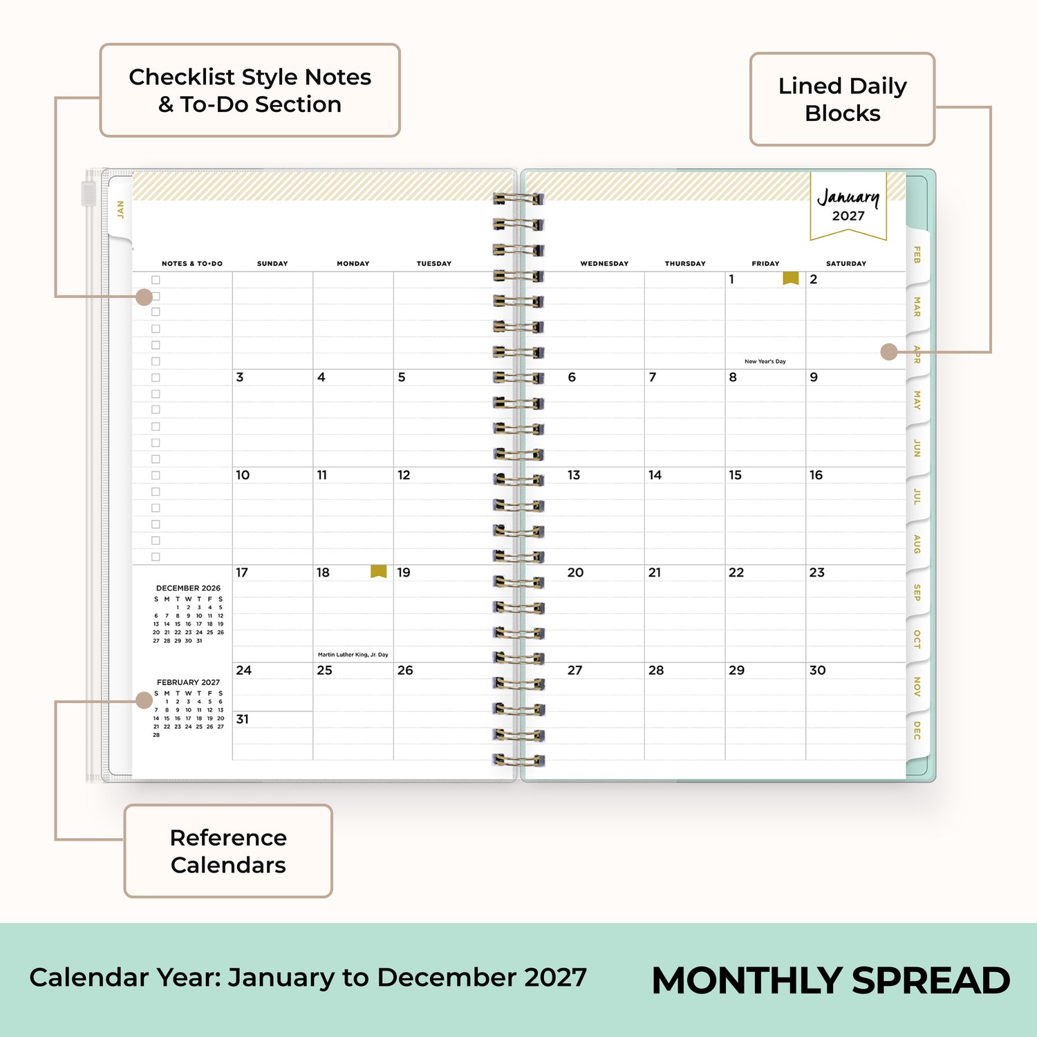 2027 monthly spread featuring ample lined writing space for each date, notes section, reference calendars, and monthly tabs