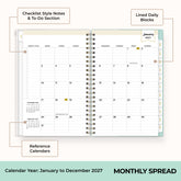 2027 monthly spread featuring ample lined writing space for each date, notes section, reference calendars, and monthly tabs
