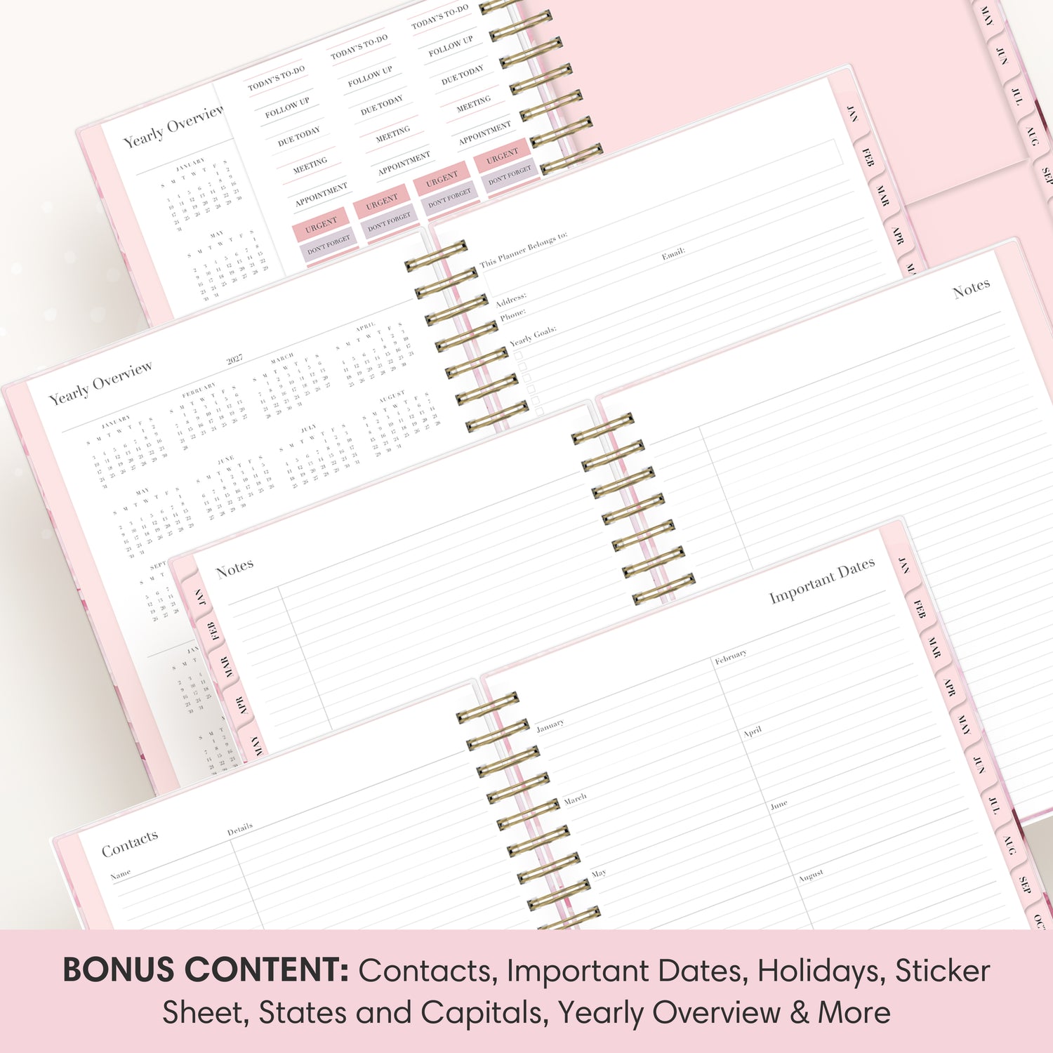 planner featuring bonus content like yearly overview, important dates, holidays, states and capitals