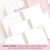 planner featuring bonus content like yearly overview, important dates, holidays, states and capitals